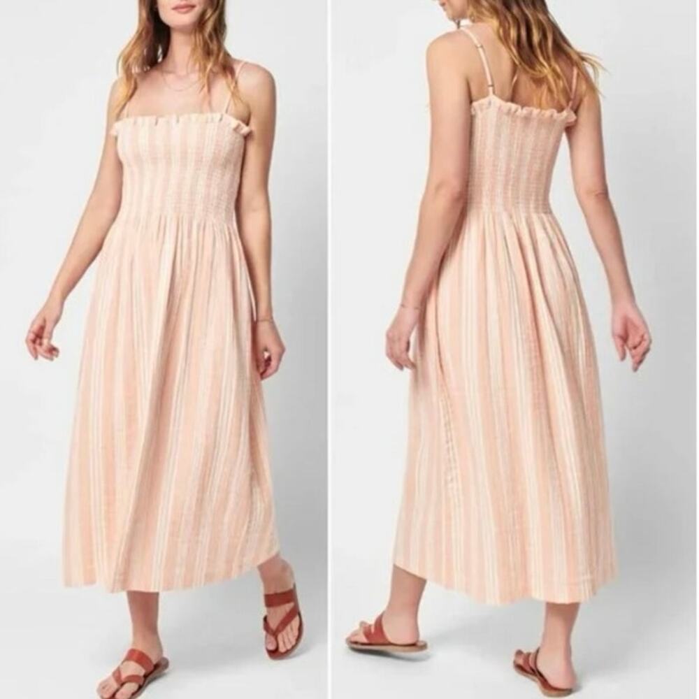 Faherty 100% Cotton Orange White Striped Smocked Midi Dress Size XS